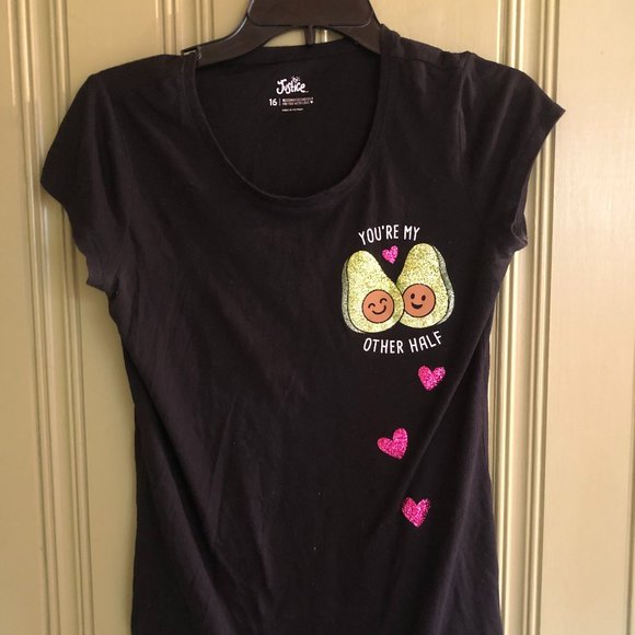Justice Size 16 Balck W/ Avocado Design Top Left Corner Short Sleeve T-Shirt - Picture 1 of 2